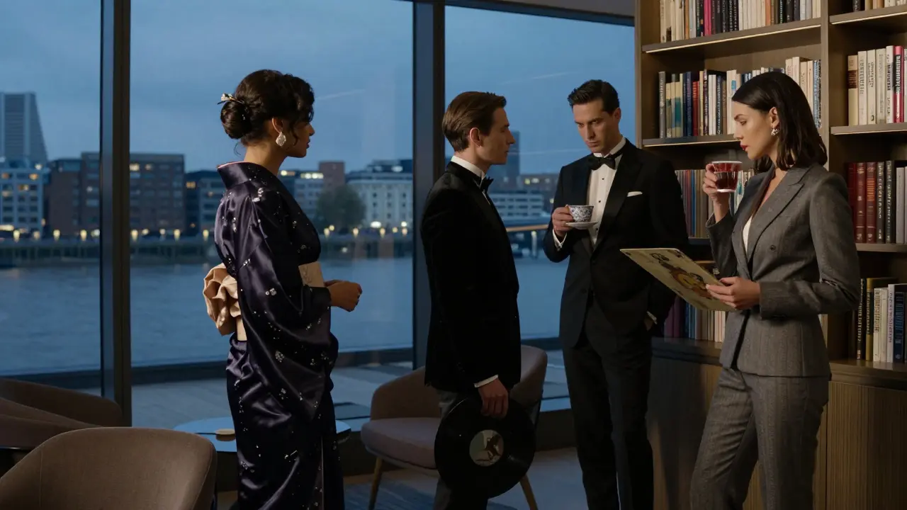 Diverse elite companions in a sophisticated London lounge, surrounded by art and books, their identities subtly hidden.