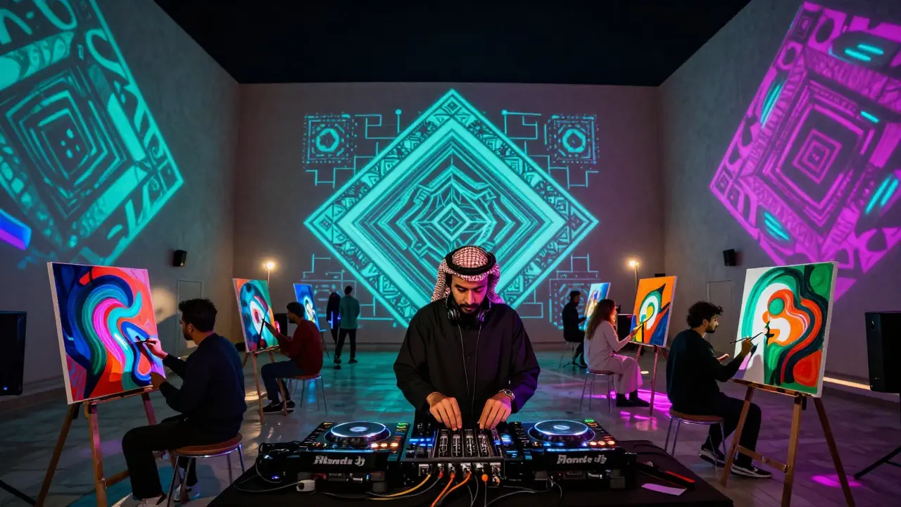DJ blending Arabic rhythms with electronic music in a digital art gallery.