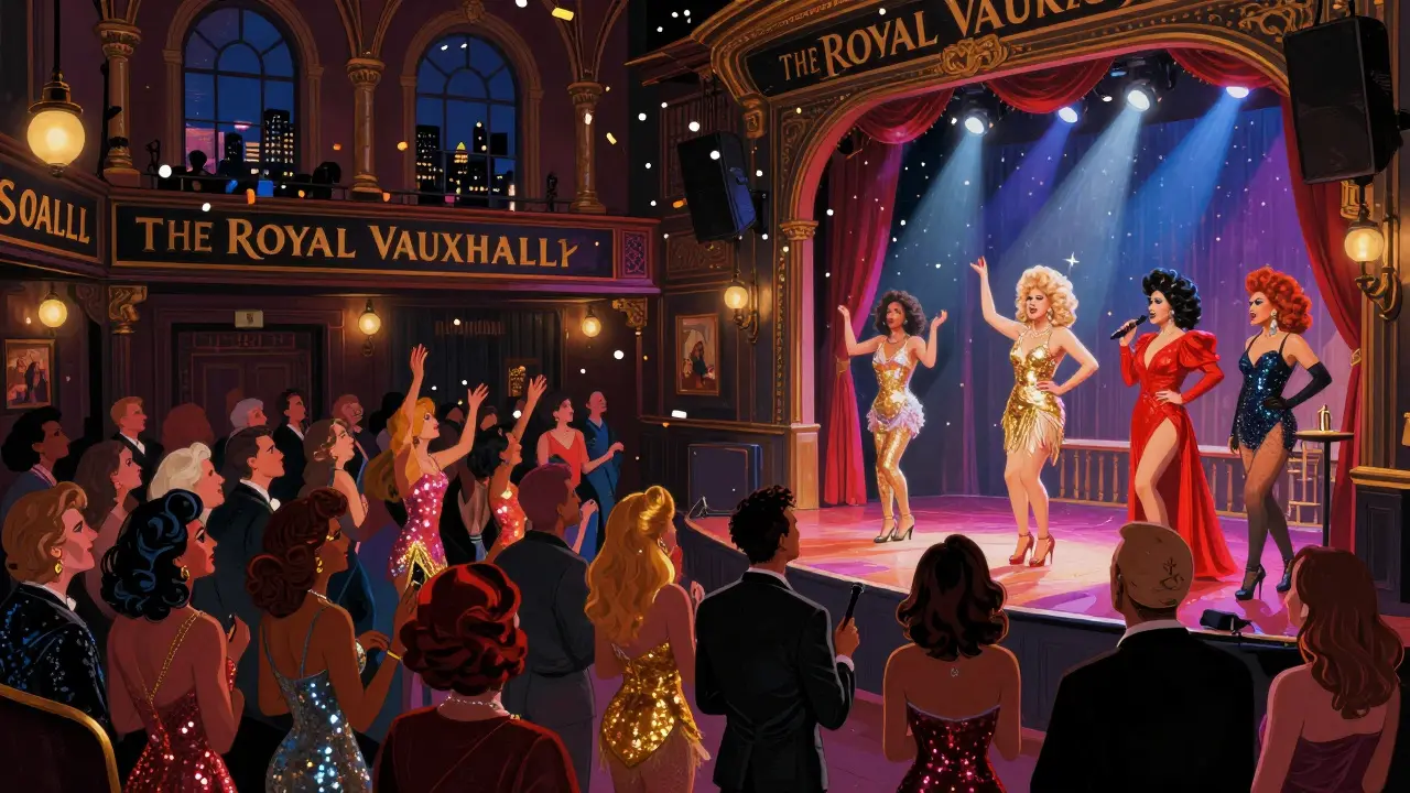 Drag performance at The Royal Vauxhall Tavern with glittering costumes and a lively crowd.