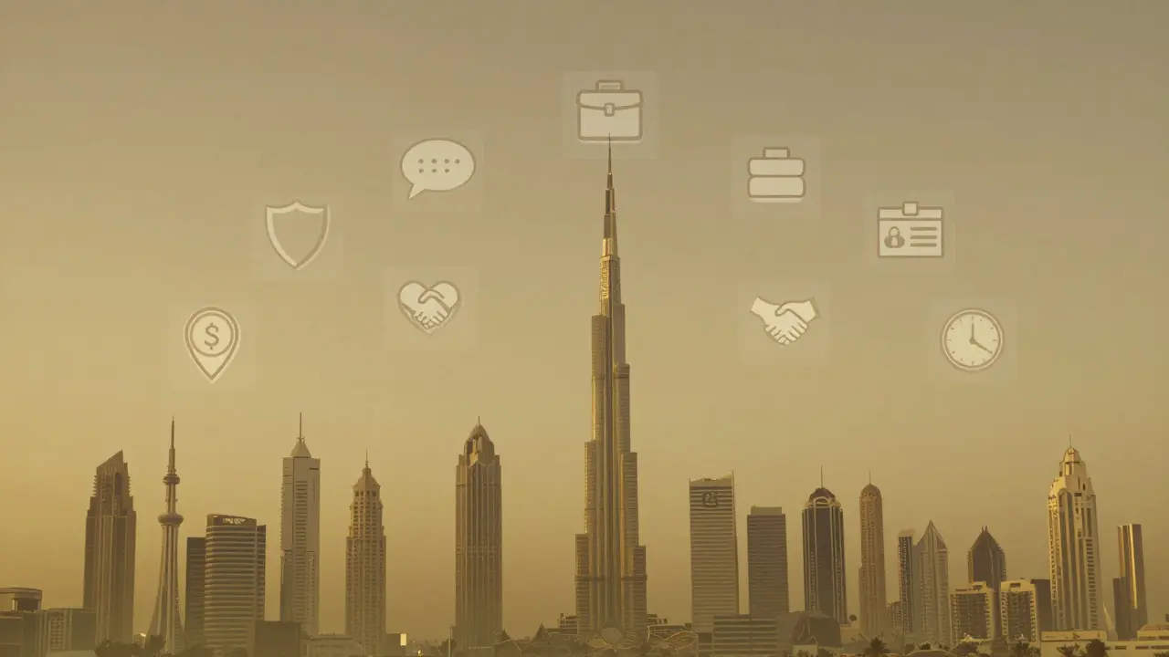 Dubai skyline with ten symbolic icons representing key escort qualities.