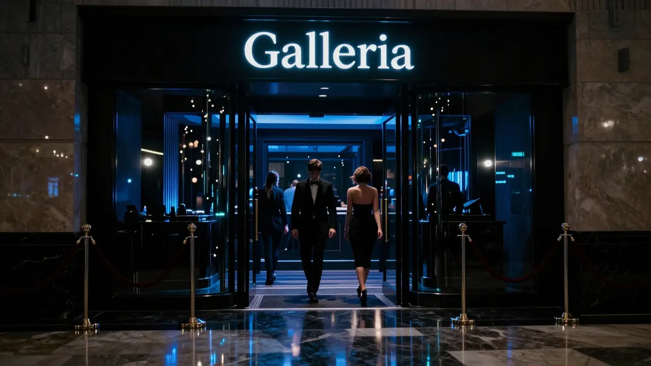 Elegant guests entering The Galleria nightclub in the 2010s, bathed in moody blue neon light.