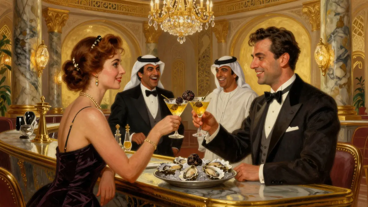 Elegant patrons toasting with cocktails in Loulou Abu Dhabi’s luxurious Art Deco lounge.