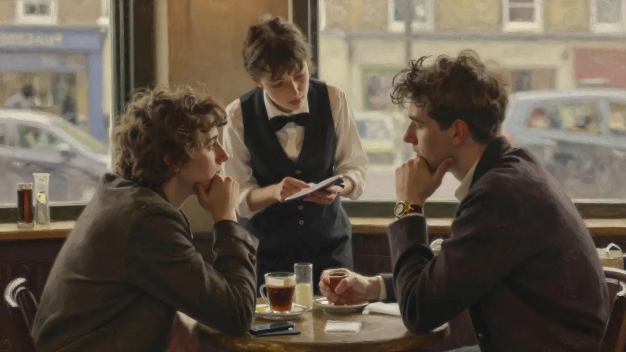 Empathetic conversation in a London café between client and escort