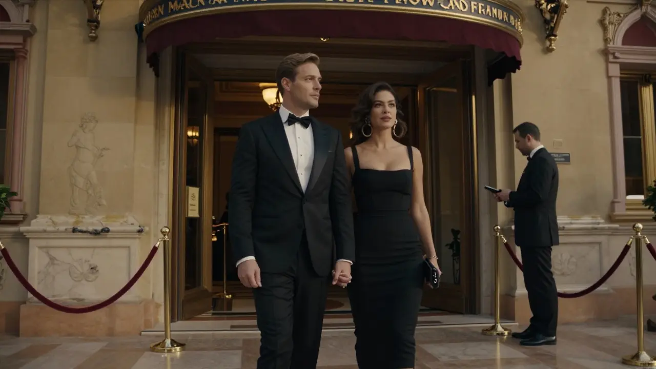 Formal couple at Casino entrance with doorman and marble facade.