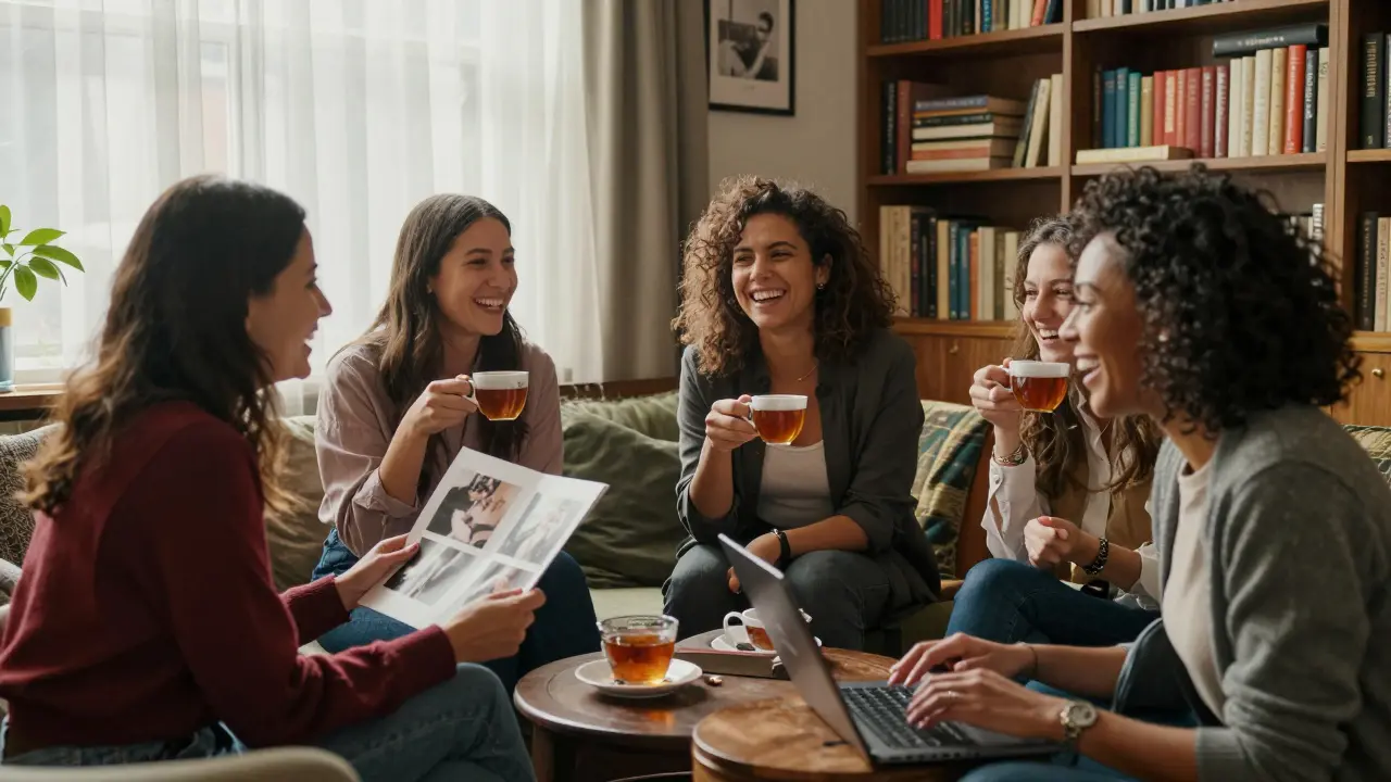 Former escorts relaxing together in a London apartment, one holding a photography portfolio, warm light.