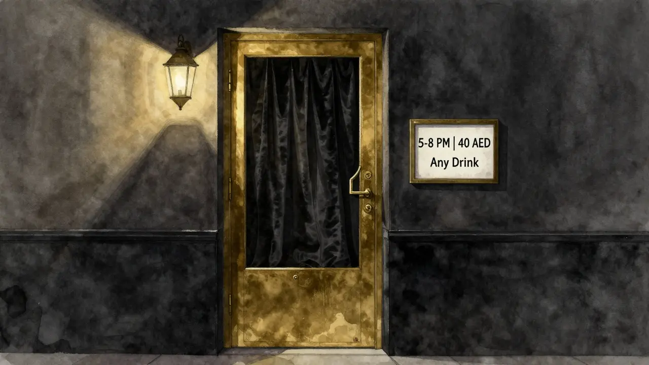 Hidden speakeasy entrance with a brass door number and a small sign for happy hour times