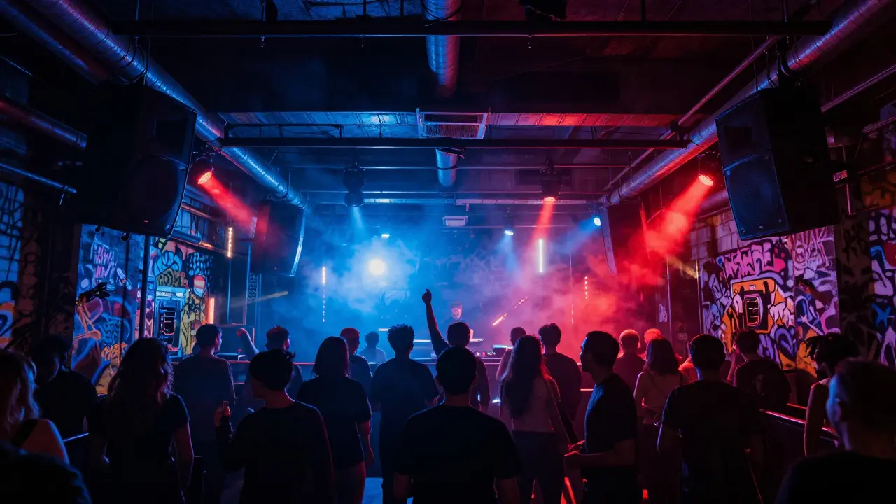 Industrial warehouse club Printworks at night, dancers lost in bass-heavy music under strobing lights.