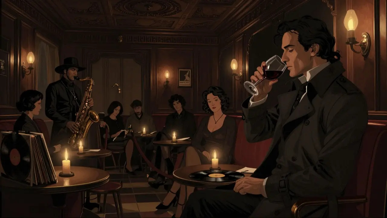 Intimate jazz lounge in a hidden palace with dim lighting, vinyl records, and quiet patrons listening.