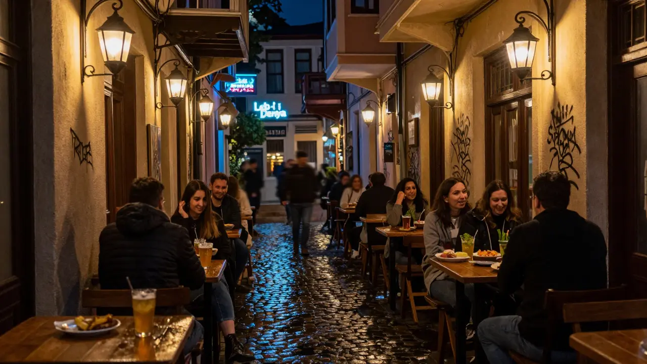 Karaköy alley at midnight with patrons at tiny bars, herbal cocktails, and glowing neon signs reflecting on wet cobblestones.
