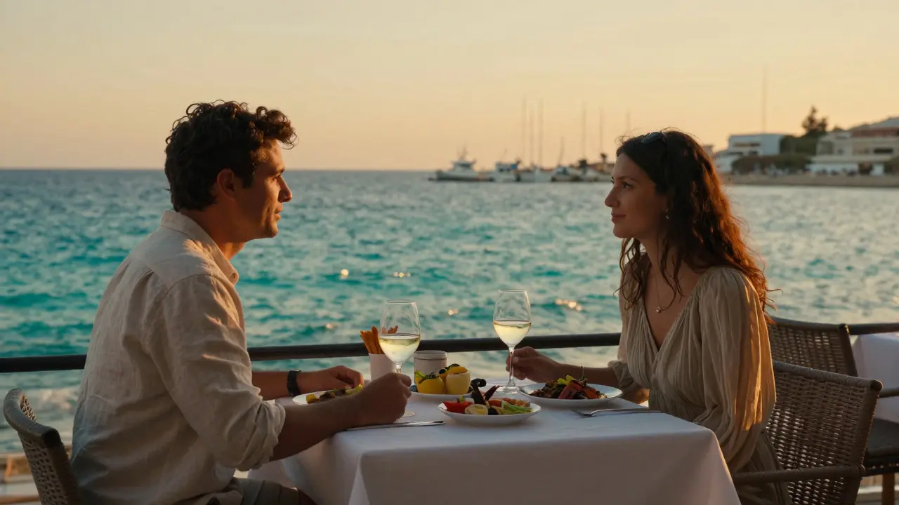 Le Rascasse terrace with Mediterranean dishes and ocean sunset view.