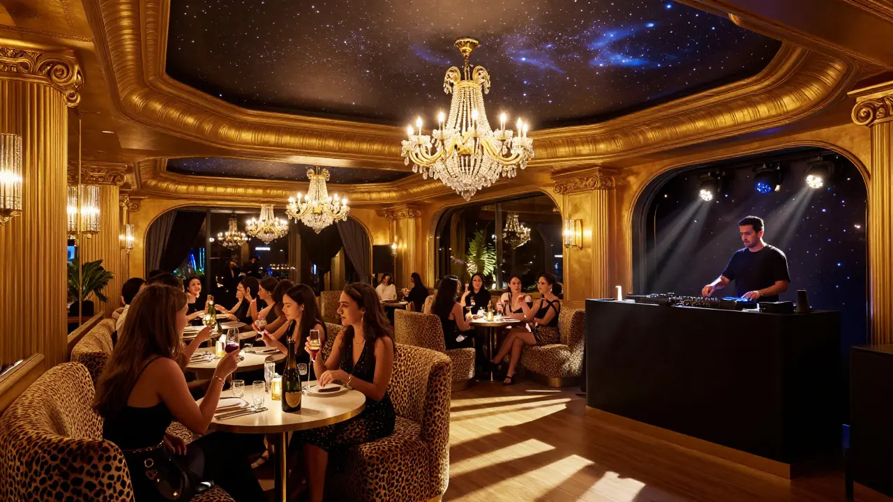 Luxurious nightclub interior with gold accents and leopard-print seating under glowing ceiling lights.