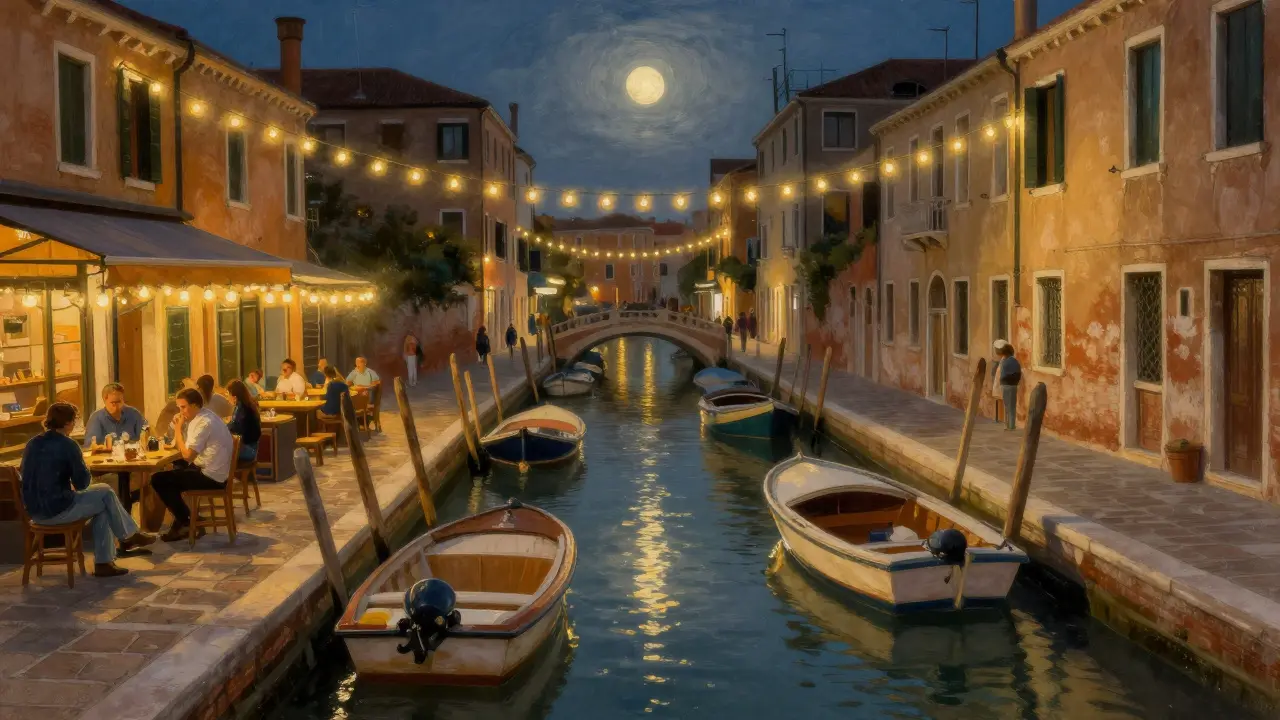 Navigli District canals with string lights, cobblestone streets, and casual bar scene.