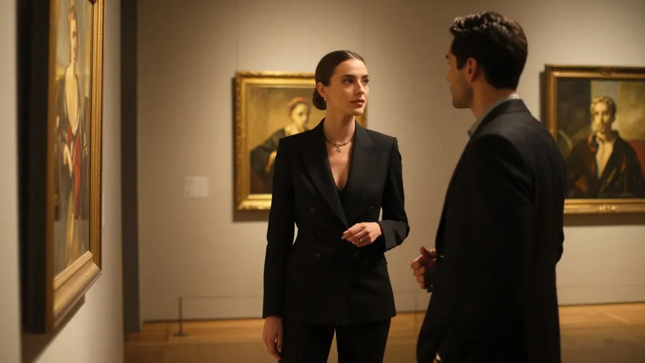 Professional escort guiding client through Milan art gallery