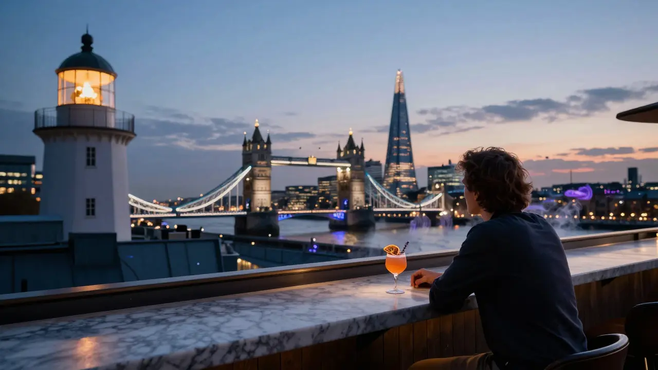 Rooftop bar at dusk with Thames and Shard lights glowing, a lone drinker gazing at the skyline.