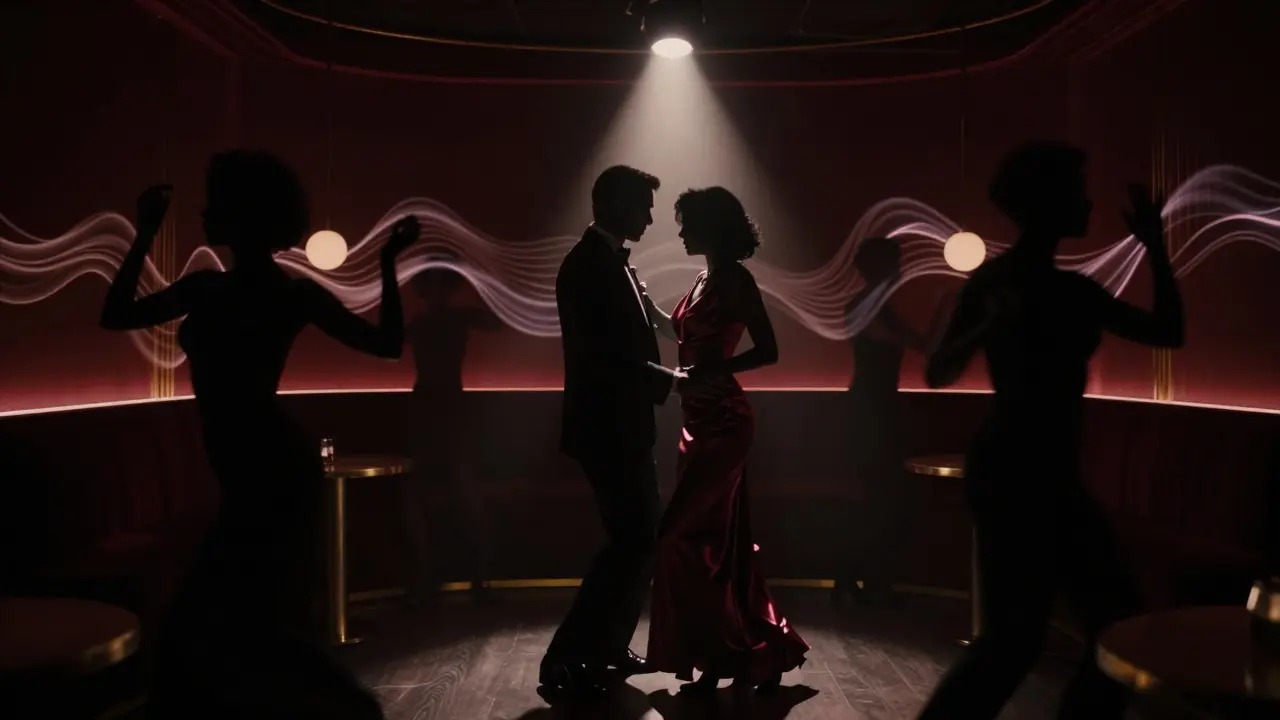 Silhouettes of dancers in a private Monaco nightclub with no phones, bathed in deep house lighting and ambient shadows.