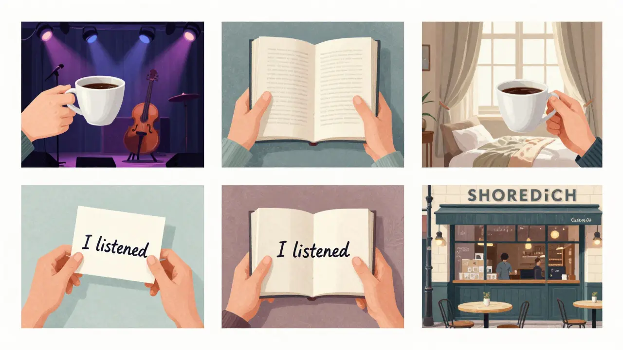 Three symbolic London scenes representing companionship: a jazz club, a hotel room, and a café, with hands holding meaningful objects.