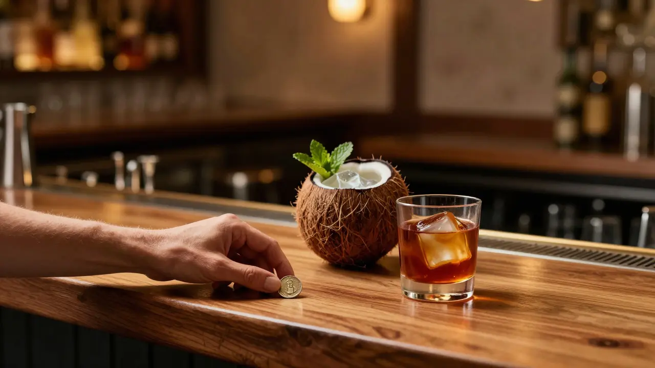 Two cocktails on a bar counter with a single dirham coin, one in a coconut, the other with date syrup