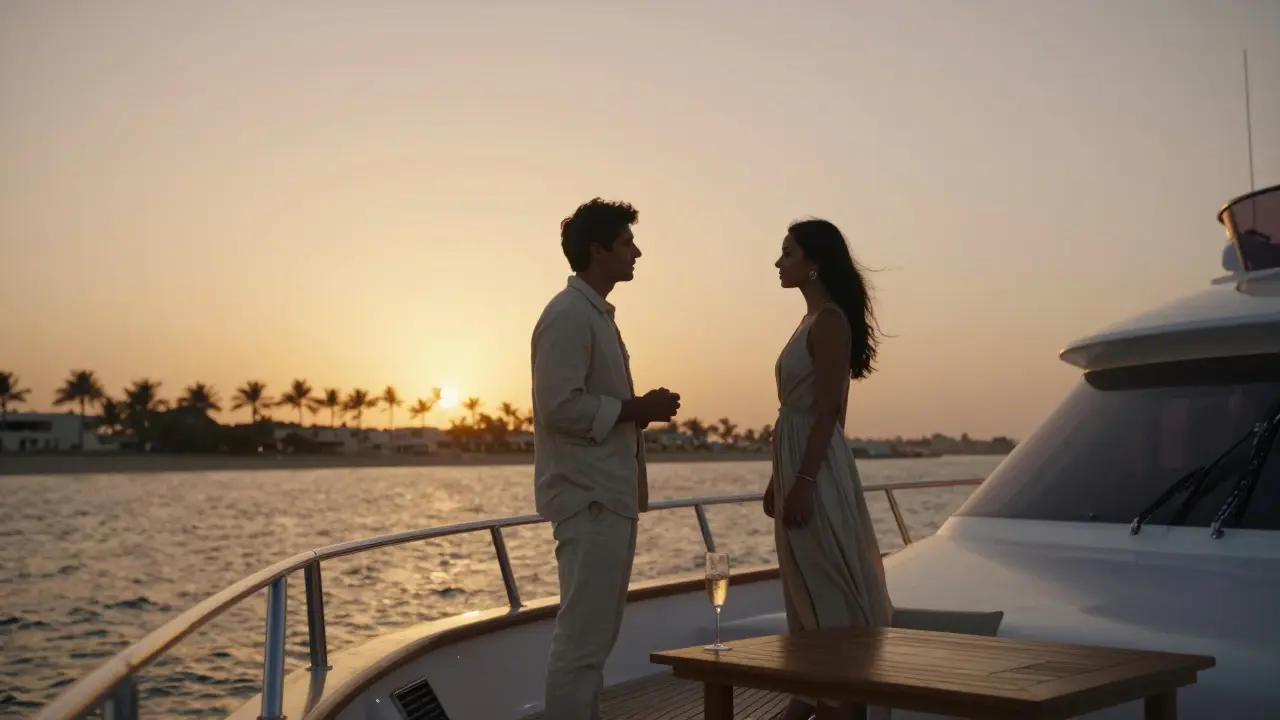 Two figures on a private yacht at sunset, sharing a peaceful moment over the Arabian Gulf.