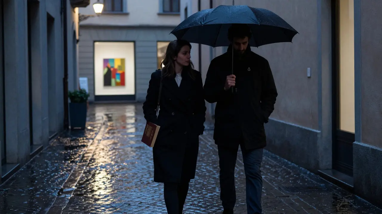 Two figures walking side by side in a rainy Brera alley, illuminated by soft streetlights.