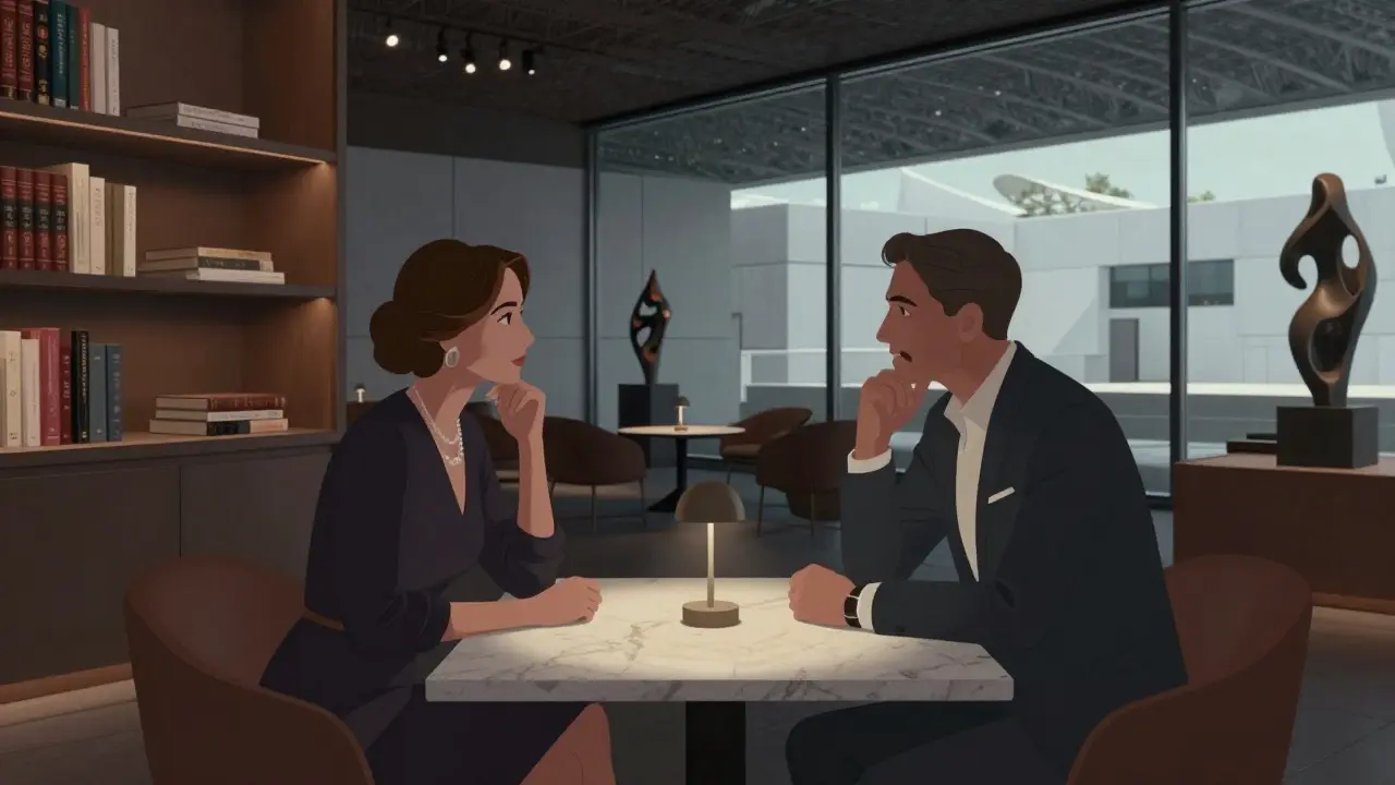 Two people converse in a quiet museum lounge after hours, surrounded by art and soft ambient lighting.