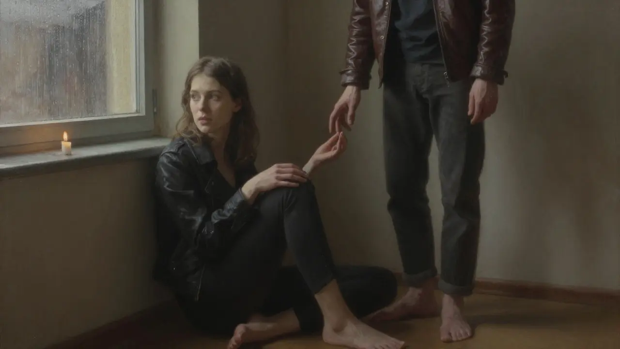 Two people in a dim room, nearly touching, sharing a silent moment with gentle eye contact and minimal makeup.