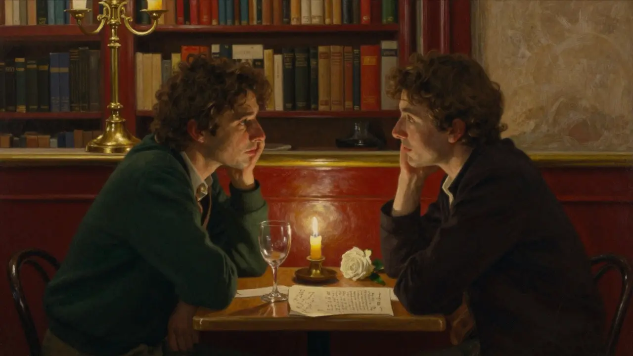 Two people share a quiet moment in a cozy Le Marais bistro, candlelight illuminating wine, a handwritten menu, and a single white rose.