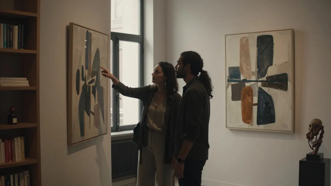 Two people viewing modern art in a quiet Dubai gallery, surrounded by sculptures and natural light.