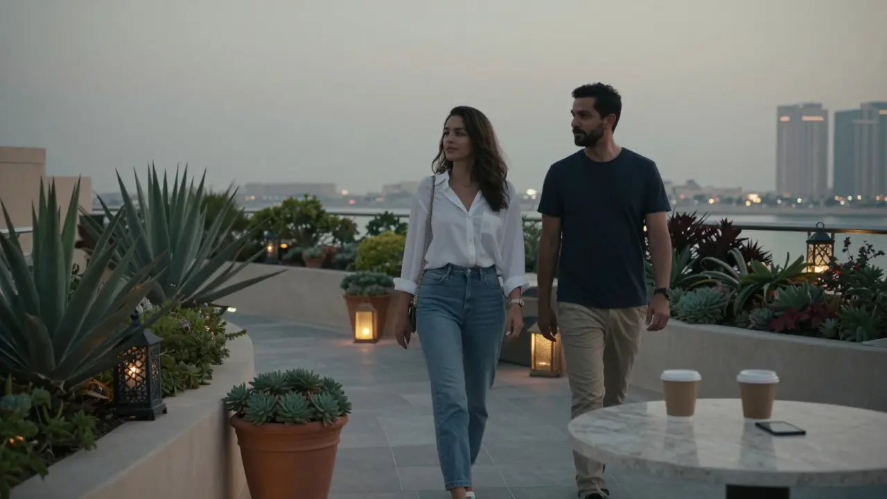 Two people walking calmly through a rooftop garden in Abu Dhabi at twilight.