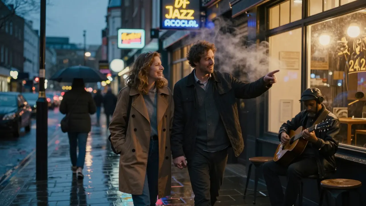 Two people walking through a rain-dampened Shoreditch street at dusk, lit by neon signs and a distant jazz club.