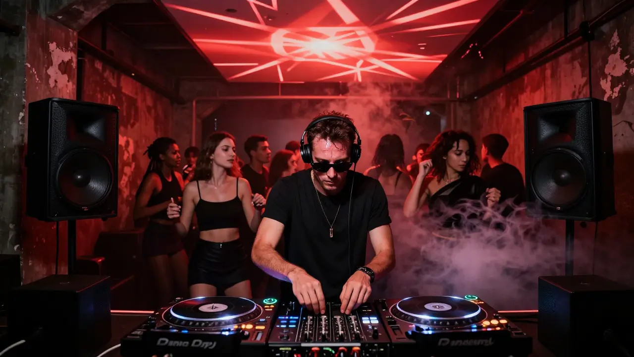 Underground techno club Wunderbar with dancers under pulsing neon lights and smoke.