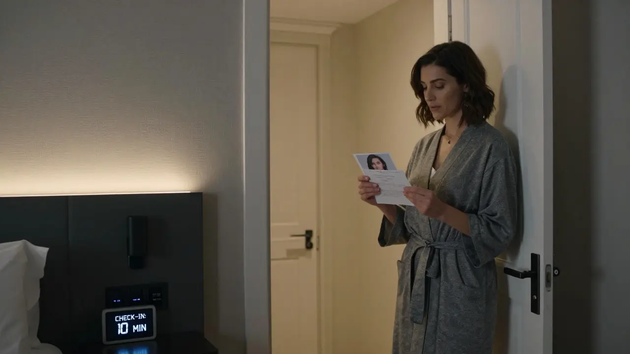 Woman in hotel room holding photo with date and name, digital check-in timer visible, CCTV in corner.