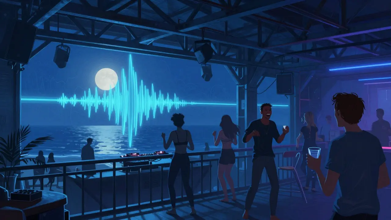 Young people dancing barefoot on a balcony at a neon-lit nightclub overlooking the sea.