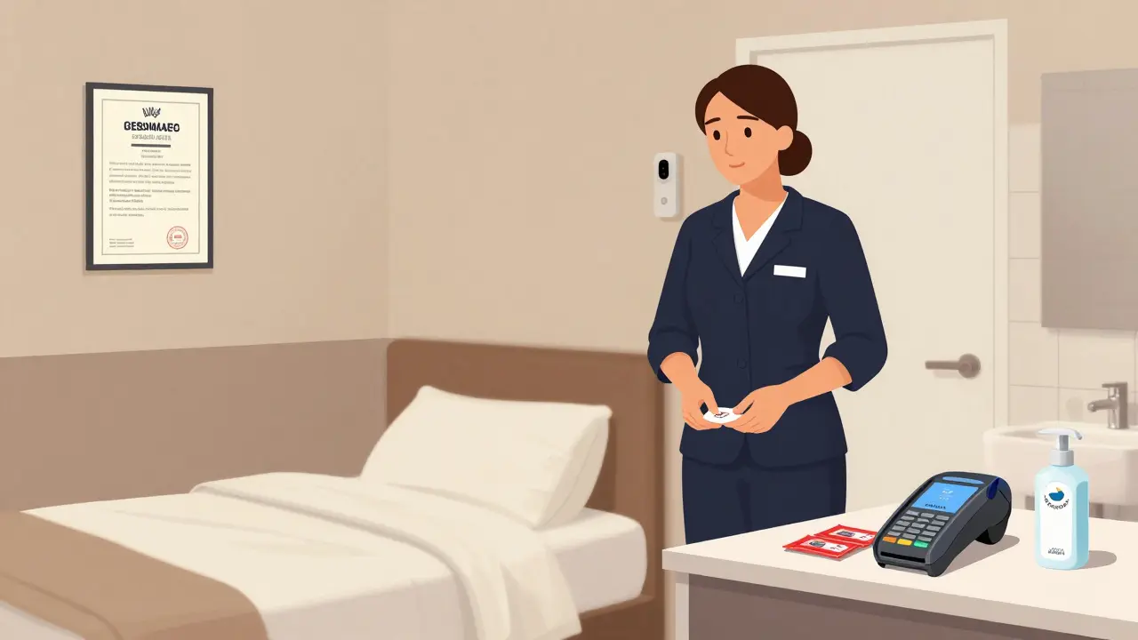 A clean, modern Berlin apartment with visible safety measures like health certificates and condoms.