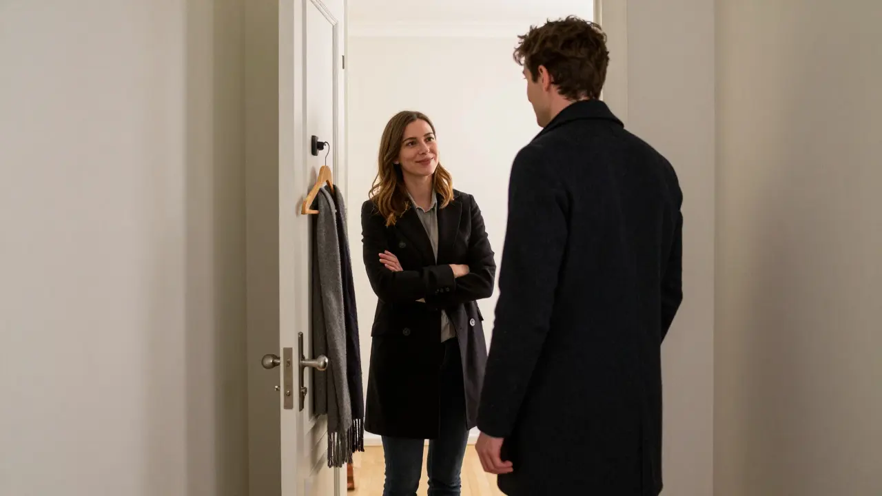 A client leaving an apartment door as the escort smiles gently, conveying respect and a dignified farewell.