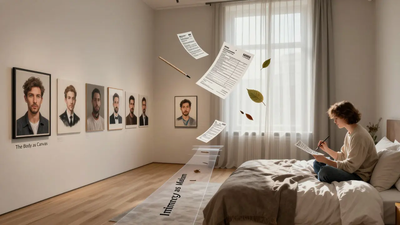 A conceptual split image: a museum exhibition of escort-created art connects to a private moment of drawing and conversation, symbolizing intimacy as creative practice.