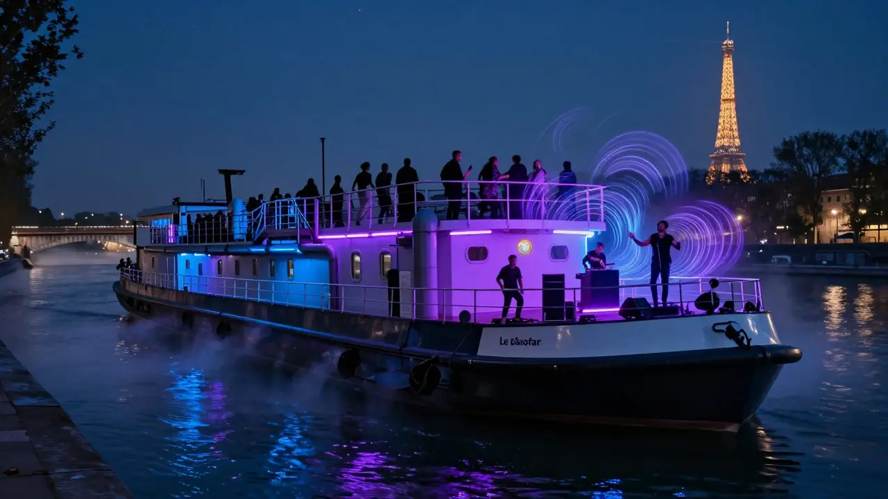 A converted barge on the Seine at night with people dancing on the roof under the Eiffel Tower.