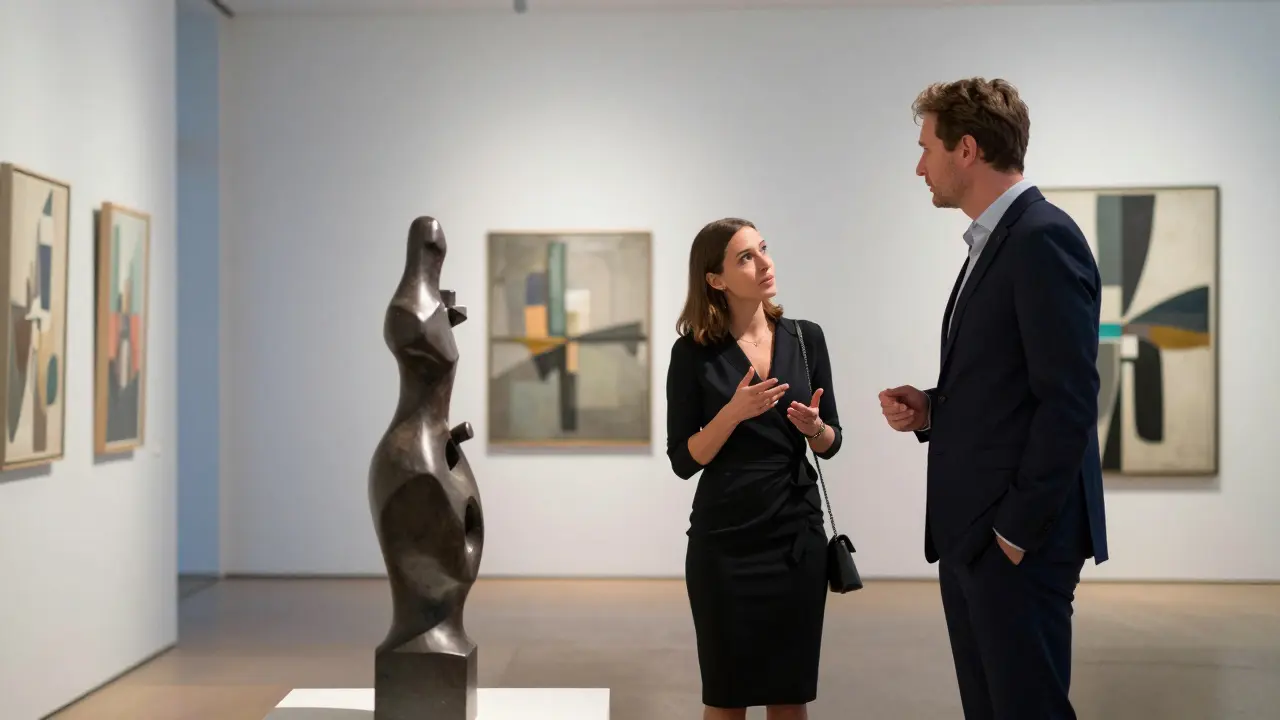A couple engaging in thoughtful discussion about art in a modern Berlin gallery at twilight.