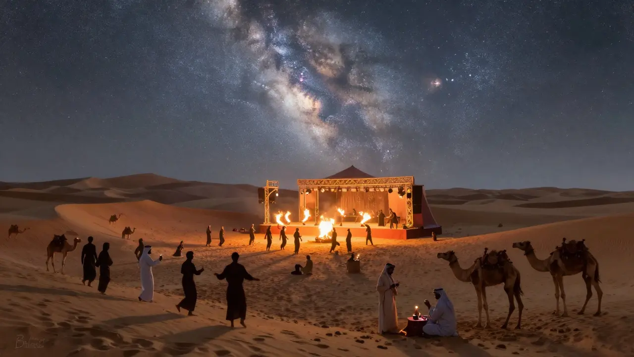 A desert rave under the stars with fire dancers, bonfires, and silhouettes on sand dunes.
