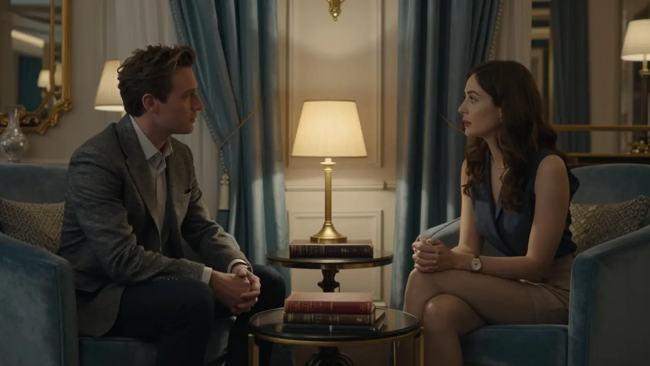 A discreet, dignified meeting between two people in the elegant lounge of Le Meurice hotel.