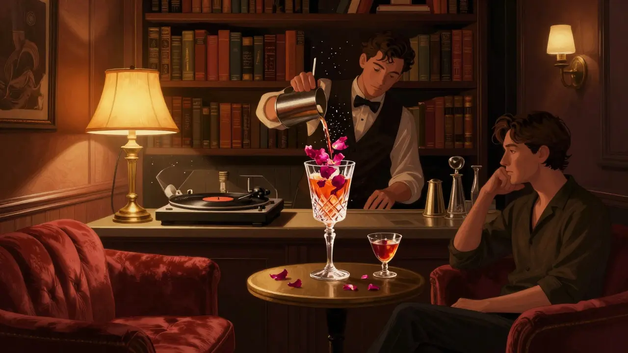 A hidden 1920s lounge with velvet couches, a bartender mixing a drink with a rose petal, and jazz records playing.