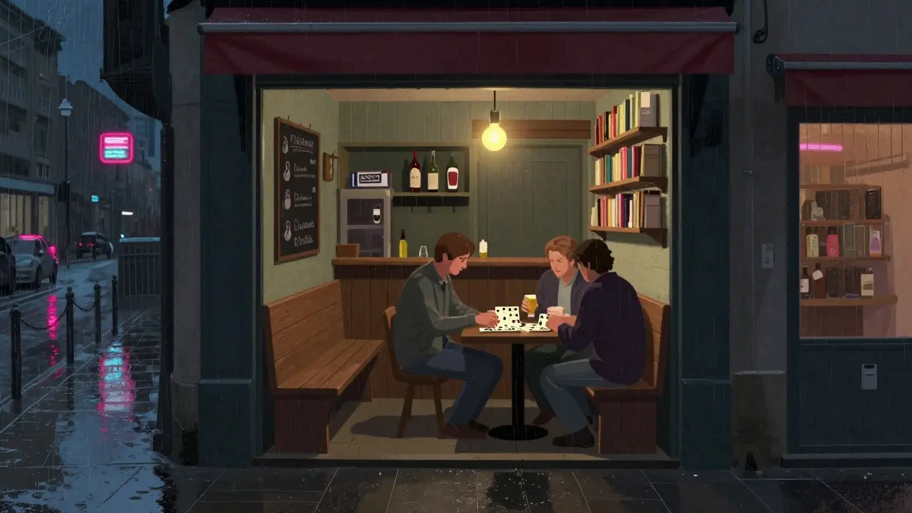 A hidden bar by the canal with locals playing dominoes under a dim bulb.