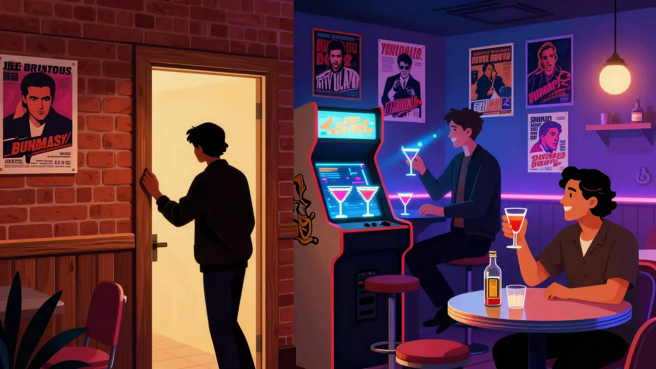 A hidden speakeasy in Shoreditch with retro arcade games and a bartender crafting a smoky cocktail.