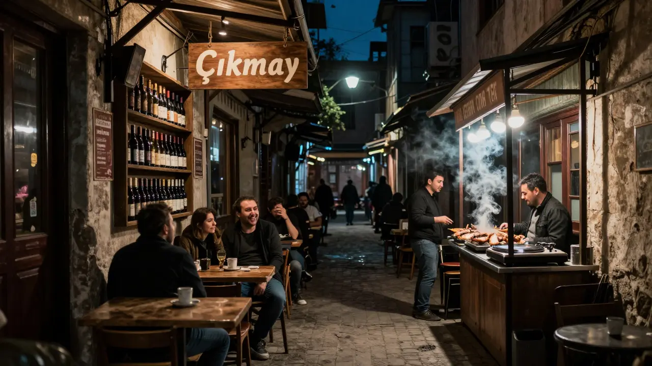 A hidden wine bar in Cihangir with jazz music playing and locals enjoying wine under soft streetlights.