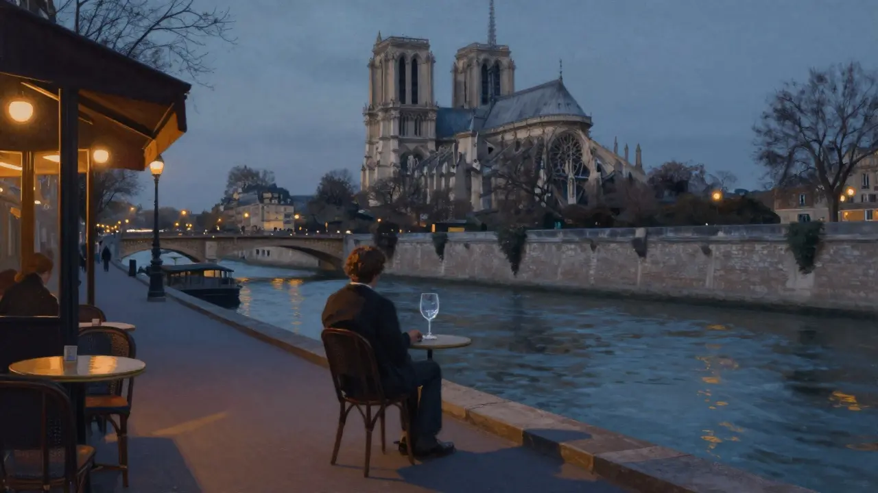A lone person sits at a sidewalk café at dusk, gazing at Notre-Dame as city lights begin to glow.