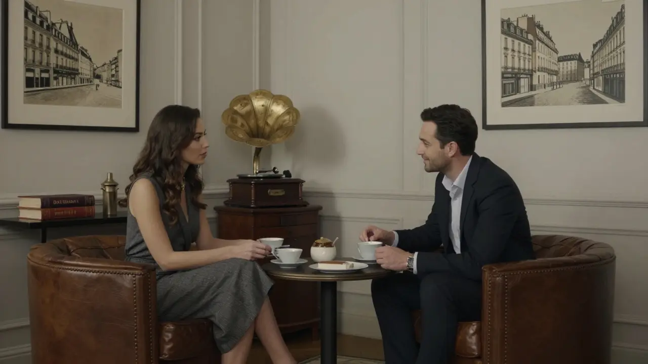 A man and woman in a refined Parisian lounge, sharing a thoughtful conversation over tea.