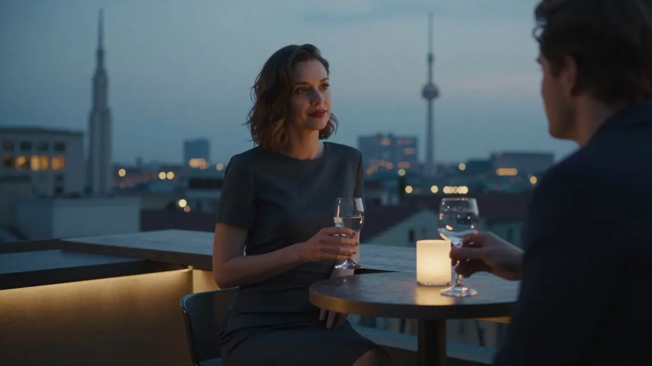 A man and woman share a silent moment at a Milan rooftop bar, illuminated by twilight city lights.