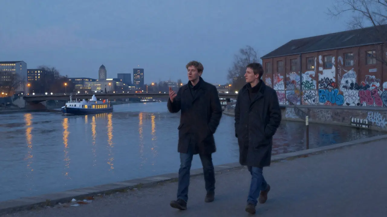 A man and woman walking along the Spree River at dusk, city lights reflecting on the water.