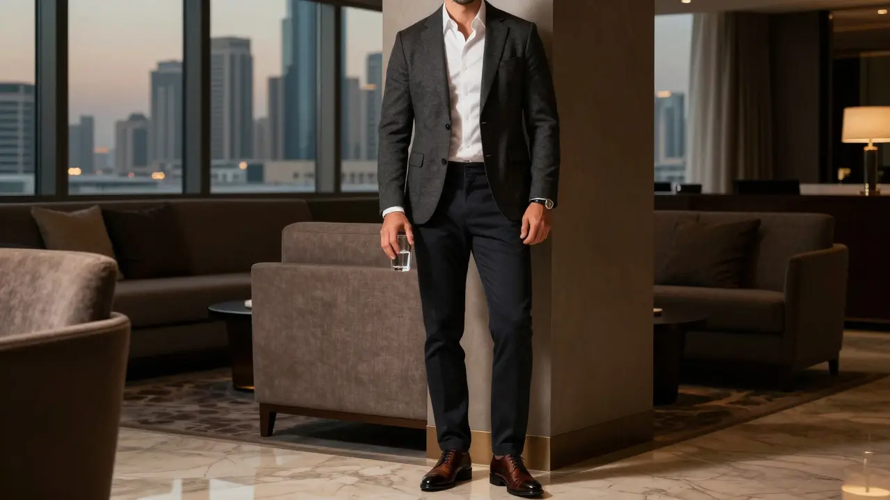 A man in Dubai dressed in a tailored charcoal blazer and chinos, standing calmly inside a high-end hotel lounge.