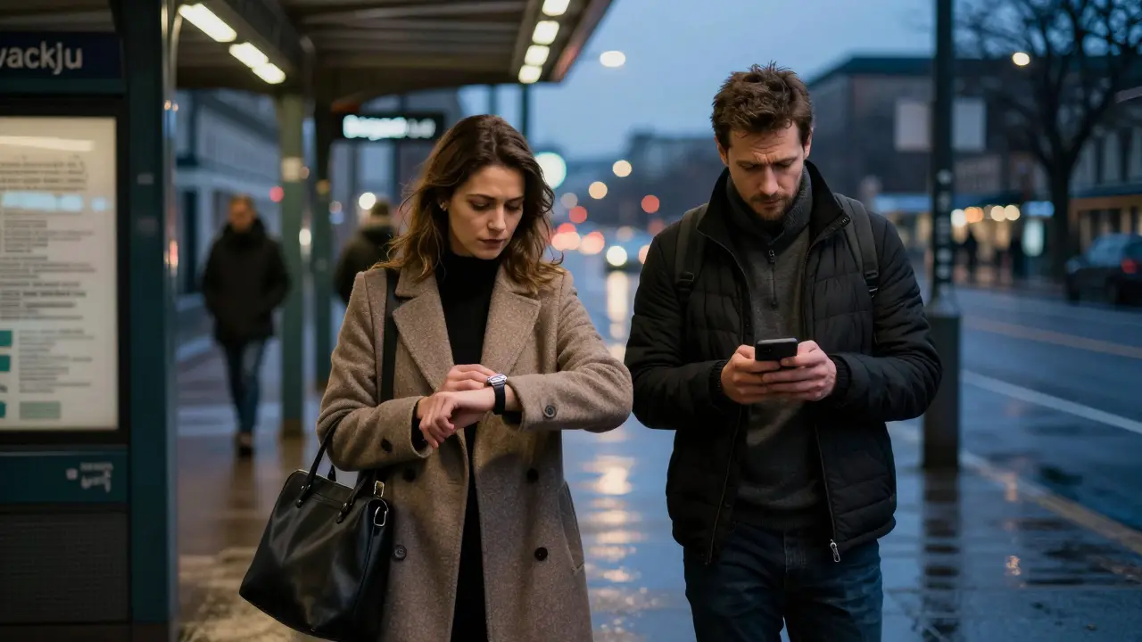 A man texting an apology outside a Berlin subway station, while a woman checks her watch, emphasizing punctuality.