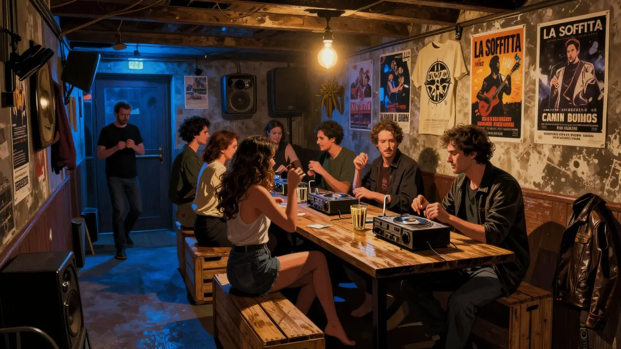 A packed basement bar with wooden crates as seats, locals dancing to Italian disco and techno under a swinging bulb.